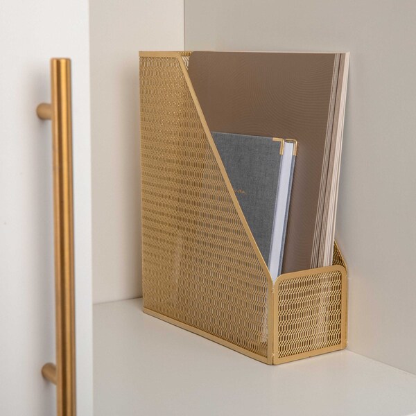 Martha Stewart Ryder Gold Mesh Metal Single Slot Magazine File Holder, Desktop Organizer, 9.75 x 3.75 x 11.5 HH-OHD06-GLD-MS - main
